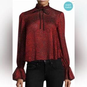 Saloni Circle Devore Women’s Sheer Ruffled Blouse Sz 0 Carmine Red